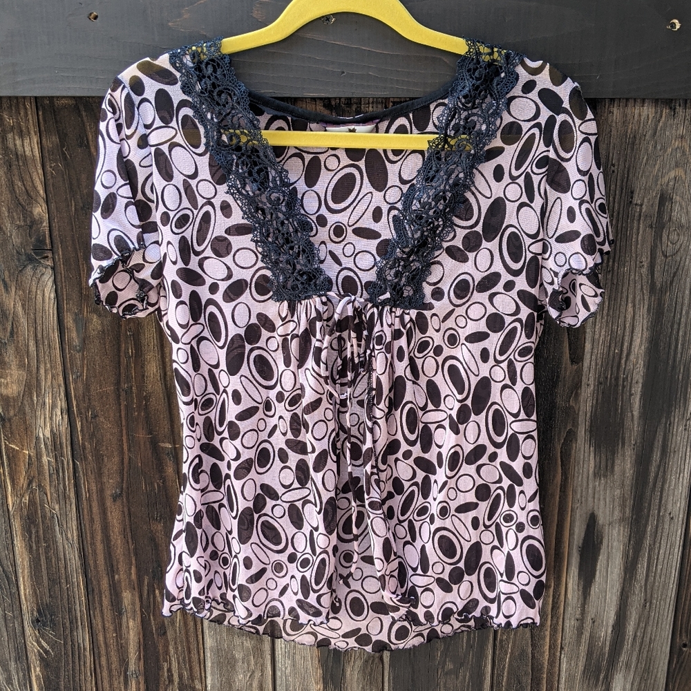 Y2K Sheer Pink Optical Print Blouse - Picture 4 of 7